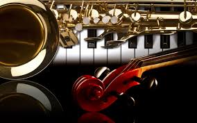 saxophone, piano keys, and violin