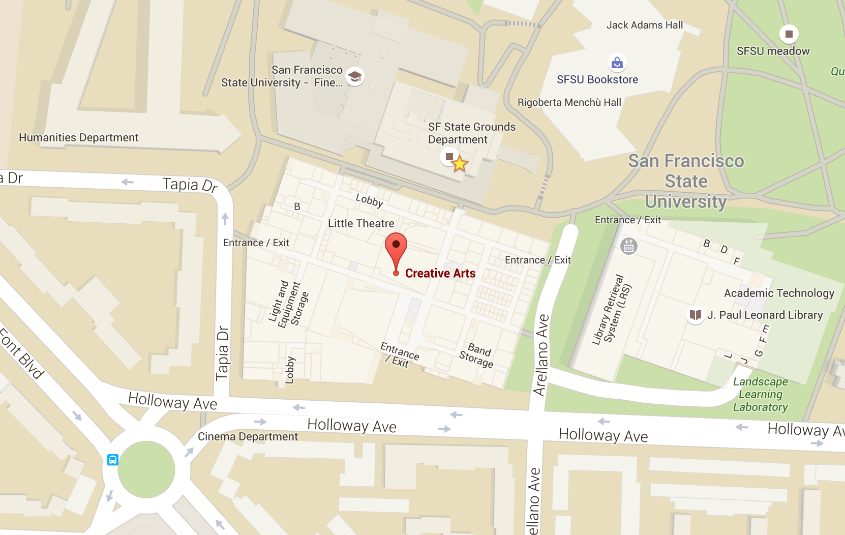 Google Map of Creative Arts Building and surrounding campus area