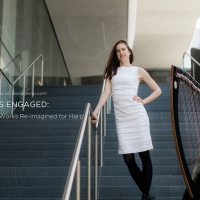 Amelia Romano, a woman with a light complexion and long dark hair stands on a stairway with her harp next to her. She wears a white dress and black tights. Text in white reads "Levers Engaged: classical works reimagined for Harp."