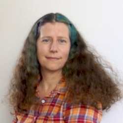 Headshot of Nicole Gluckstern wearing an orange plaid shirt and a green streak in long wavy brown hair